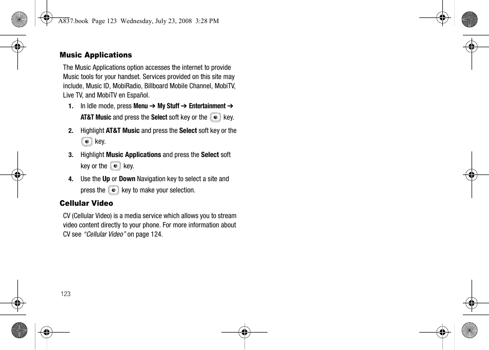 Music applications, Cellular video, Music applications cellular video | Samsung SGH-A837 User Manual | Page 126 / 187