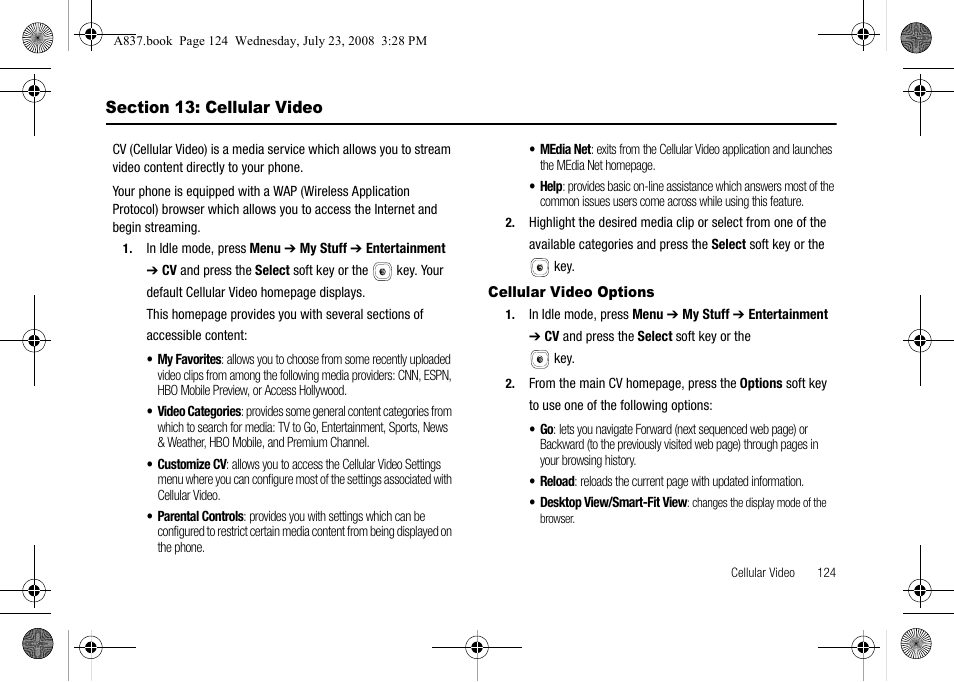 Section 13: cellular video, Cellular video options | Samsung SGH-A837 User Manual | Page 127 / 187