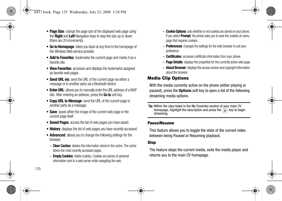 Media clip options | Samsung SGH-A837 User Manual | Page 128 / 187