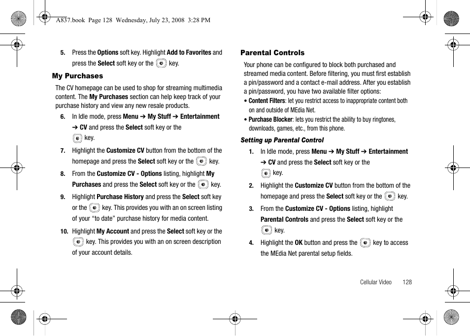 My purchases, Parental controls, My purchases parental controls | Samsung SGH-A837 User Manual | Page 131 / 187