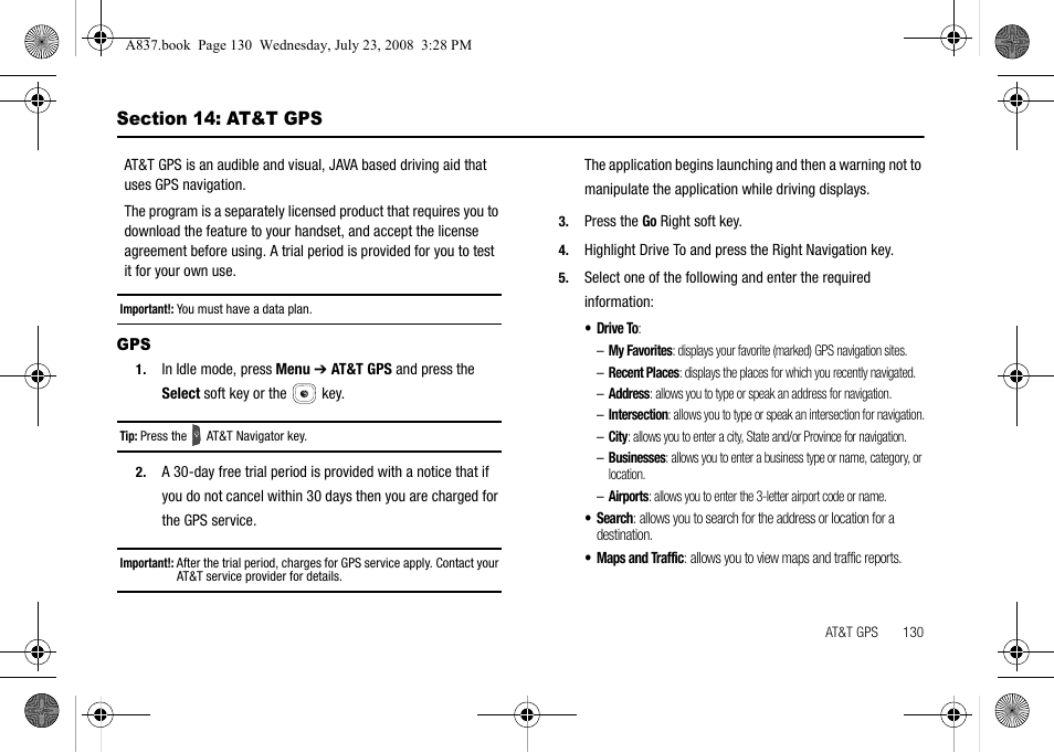 Section 14: at&t gps | Samsung SGH-A837 User Manual | Page 133 / 187