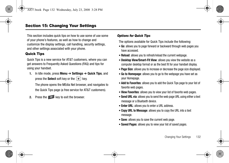 Section 15: changing your settings, Quick tips | Samsung SGH-A837 User Manual | Page 135 / 187