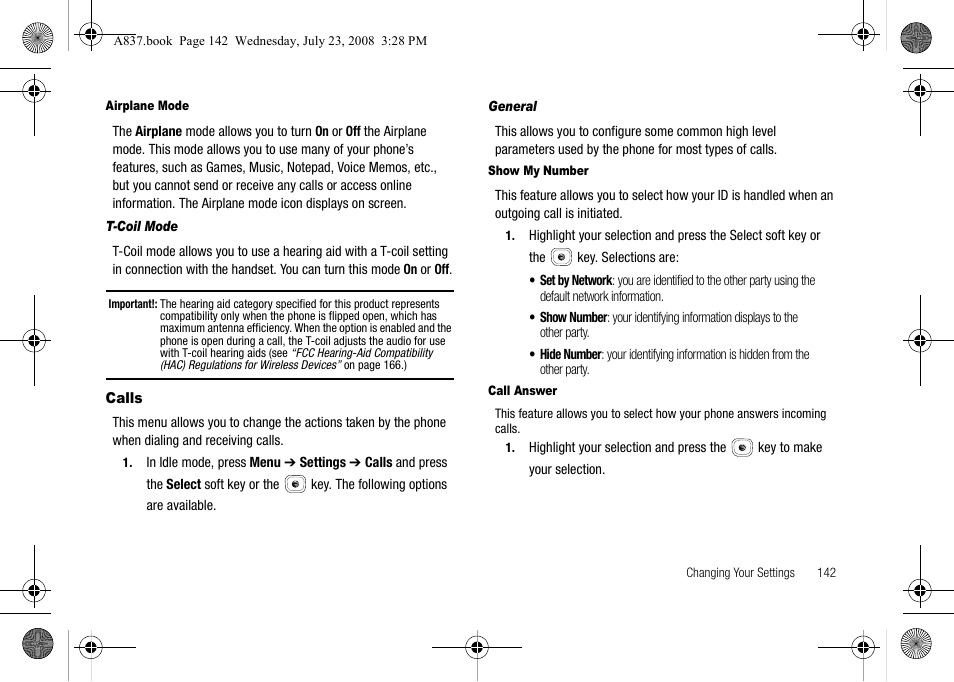 Calls | Samsung SGH-A837 User Manual | Page 145 / 187