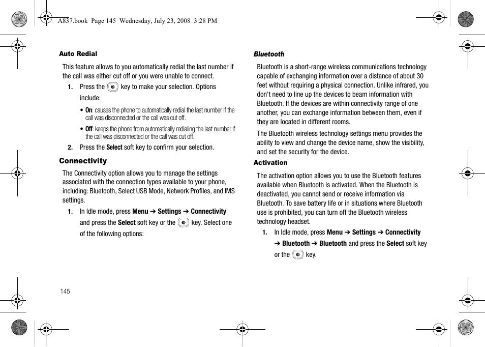 Connectivity | Samsung SGH-A837 User Manual | Page 148 / 187