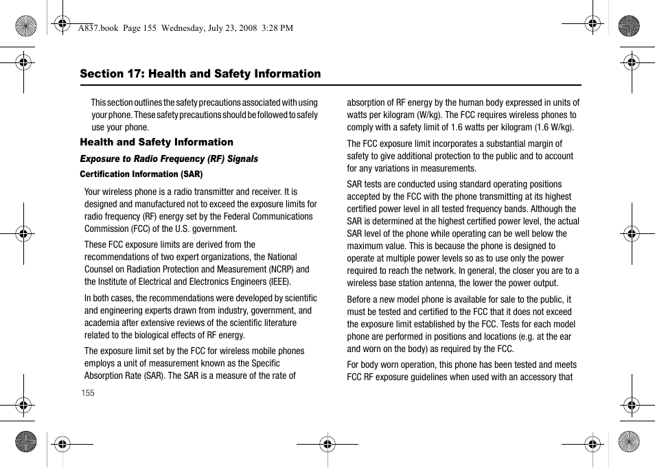 Section 17: health and safety information, Health and safety information | Samsung SGH-A837 User Manual | Page 158 / 187