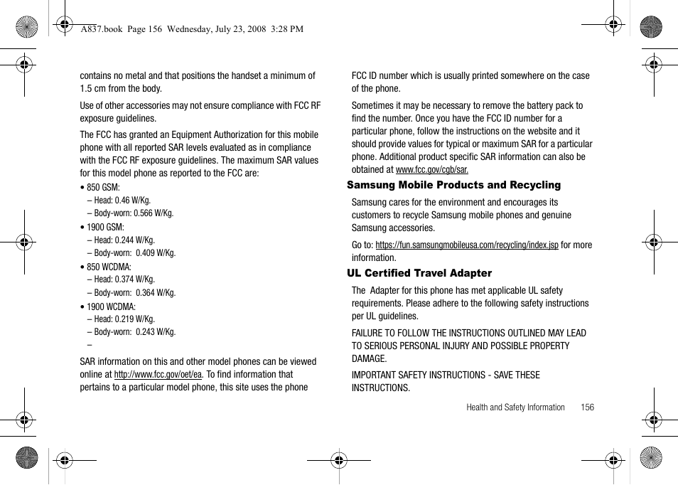 Samsung mobile products and recycling, Ul certified travel adapter | Samsung SGH-A837 User Manual | Page 159 / 187