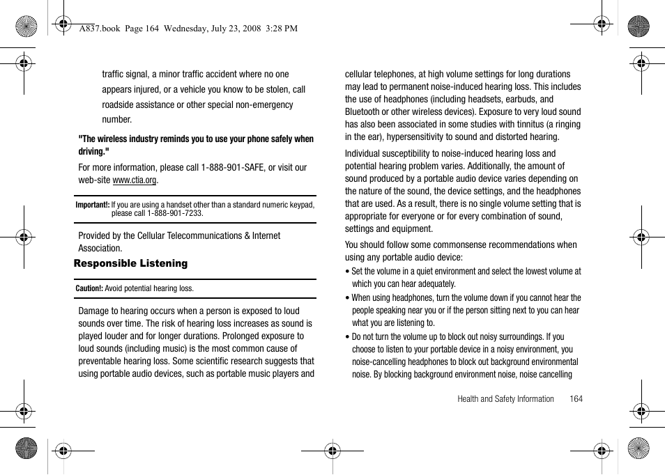 Responsible listening | Samsung SGH-A837 User Manual | Page 167 / 187