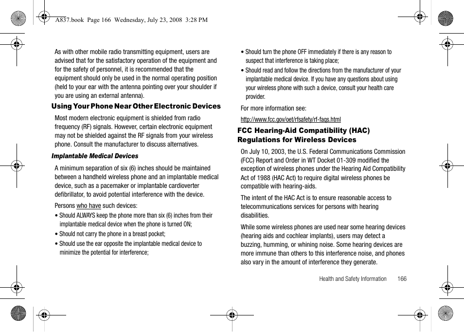 Using your phone near other electronic devices, Devices | Samsung SGH-A837 User Manual | Page 169 / 187