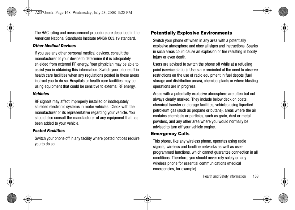 Potentially explosive environments, Emergency calls, Potentially explosive environments emergency calls | Samsung SGH-A837 User Manual | Page 171 / 187