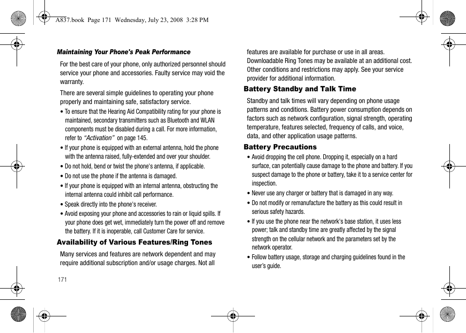 Availability of various features/ring tones, Battery standby and talk time, Battery precautions | Battery standby and talk time battery precautions | Samsung SGH-A837 User Manual | Page 174 / 187