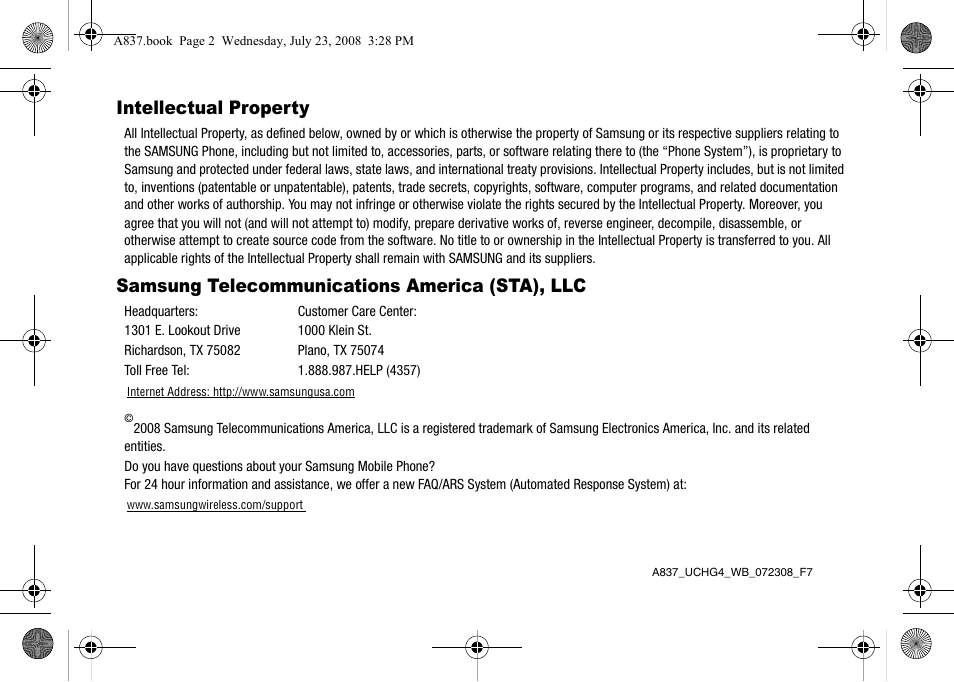 Intellectual property, Samsung telecommunications america (sta), llc | Samsung SGH-A837 User Manual | Page 2 / 187