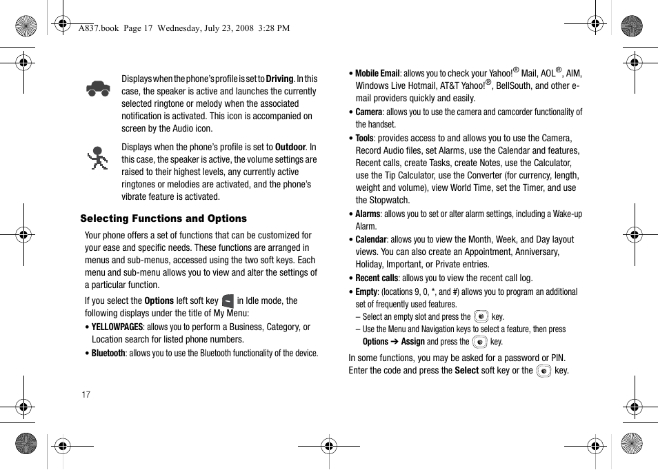 Selecting functions and options | Samsung SGH-A837 User Manual | Page 20 / 187