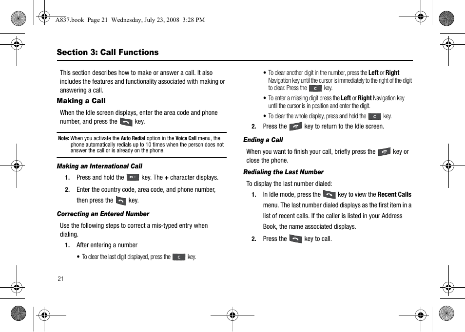 Section 3: call functions, Making a call | Samsung SGH-A837 User Manual | Page 24 / 187