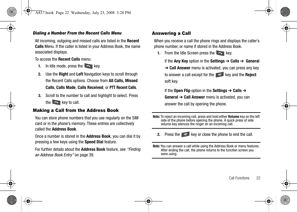 Making a call from the address book, Answering a call | Samsung SGH-A837 User Manual | Page 25 / 187