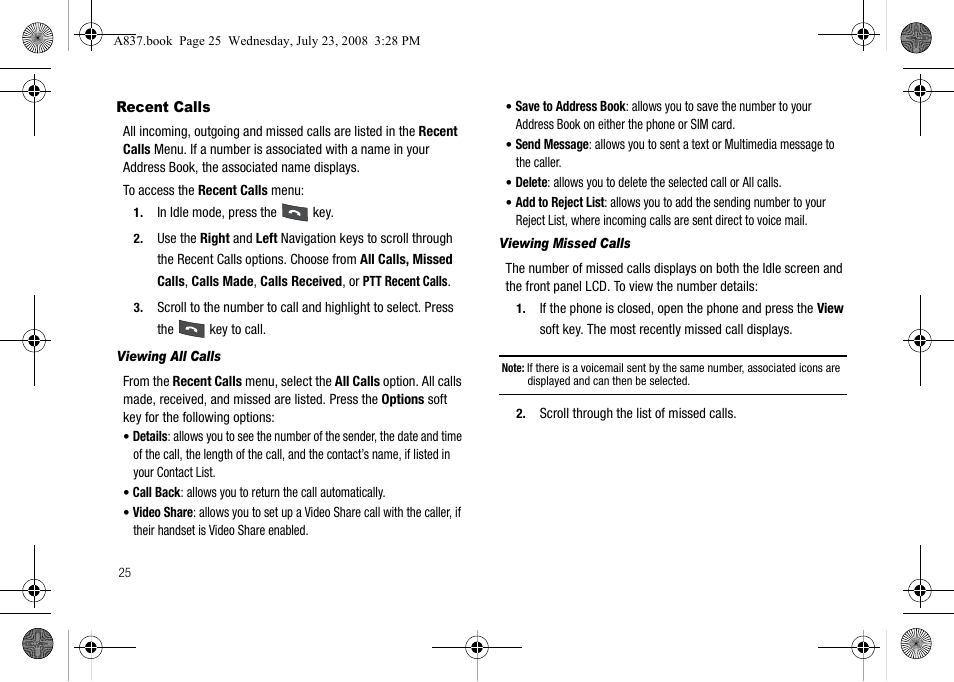 Recent calls | Samsung SGH-A837 User Manual | Page 28 / 187