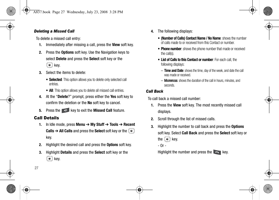 Call details | Samsung SGH-A837 User Manual | Page 30 / 187