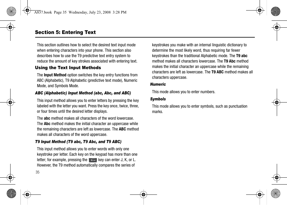 Section 5: entering text, Using the text input methods | Samsung SGH-A837 User Manual | Page 38 / 187