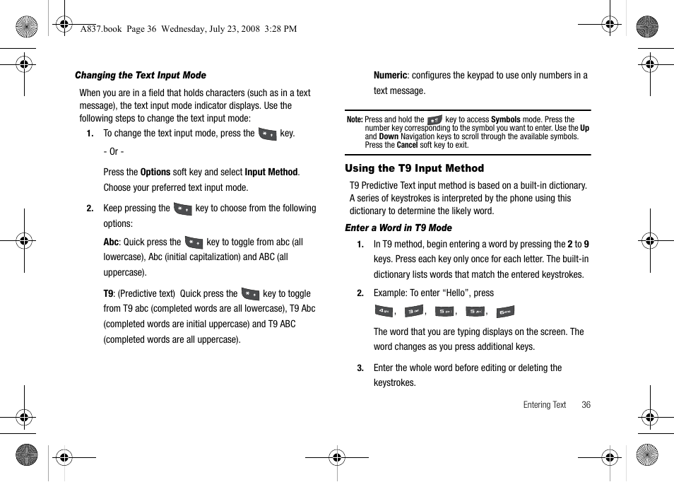 Using the t9 input method | Samsung SGH-A837 User Manual | Page 39 / 187