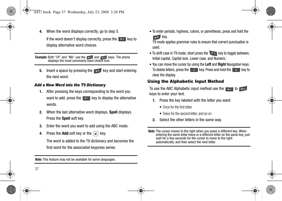 Using the alphabetic input method | Samsung SGH-A837 User Manual | Page 40 / 187