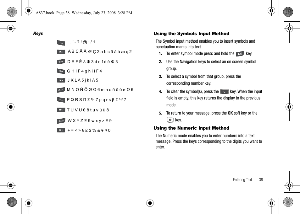 Using the symbols input method, Using the numeric input method | Samsung SGH-A837 User Manual | Page 41 / 187