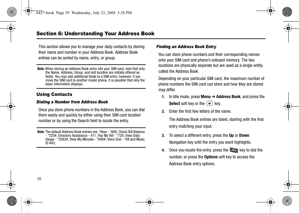 Section 6: understanding your address book, Using contacts | Samsung SGH-A837 User Manual | Page 42 / 187