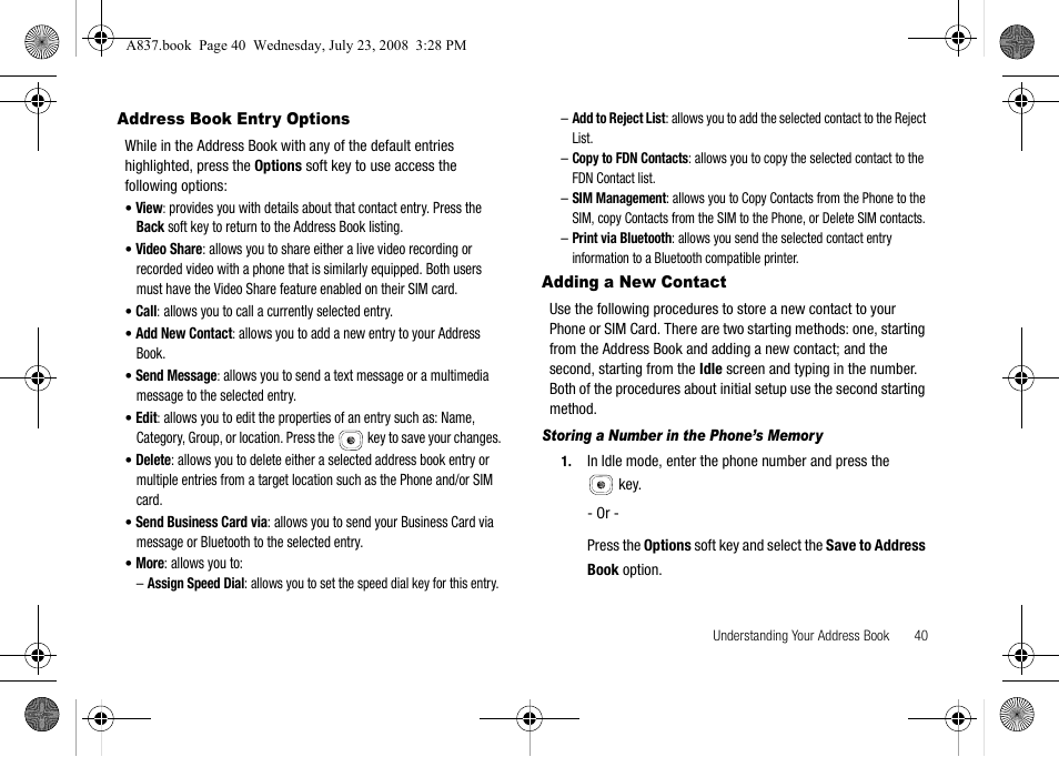 Address book entry options, Adding a new contact, Address book entry options adding a new contact | Samsung SGH-A837 User Manual | Page 43 / 187