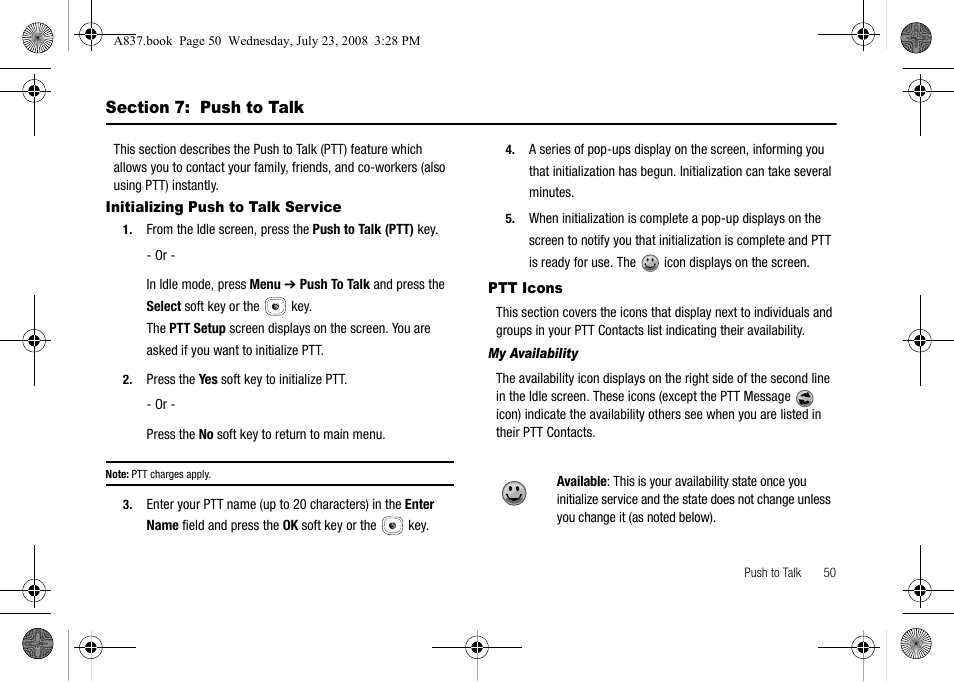 Section 7: push to talk, Initializing push to talk service, Ptt icons | Initializing push to talk service ptt icons | Samsung SGH-A837 User Manual | Page 53 / 187