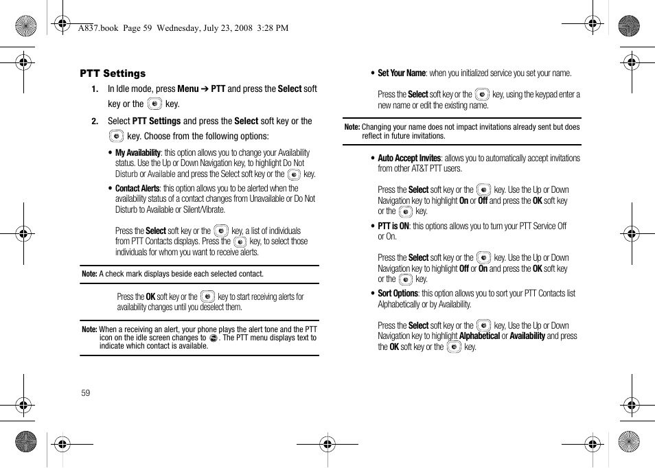 Ptt settings | Samsung SGH-A837 User Manual | Page 62 / 187