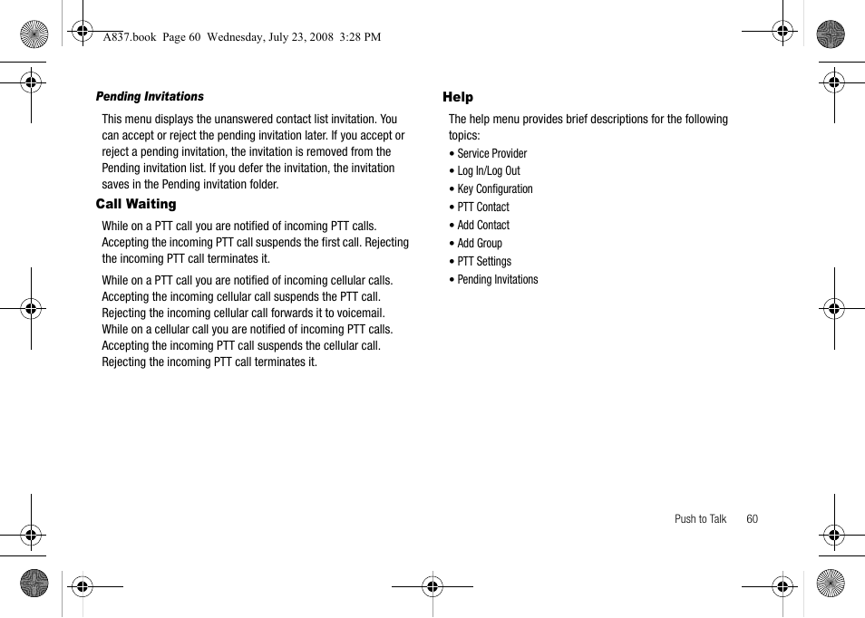 Call waiting, Help, Call waiting help | Samsung SGH-A837 User Manual | Page 63 / 187