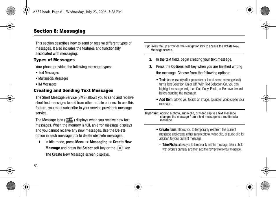 Section 8: messaging, Types of messages, Creating and sending text messages | Samsung SGH-A837 User Manual | Page 64 / 187