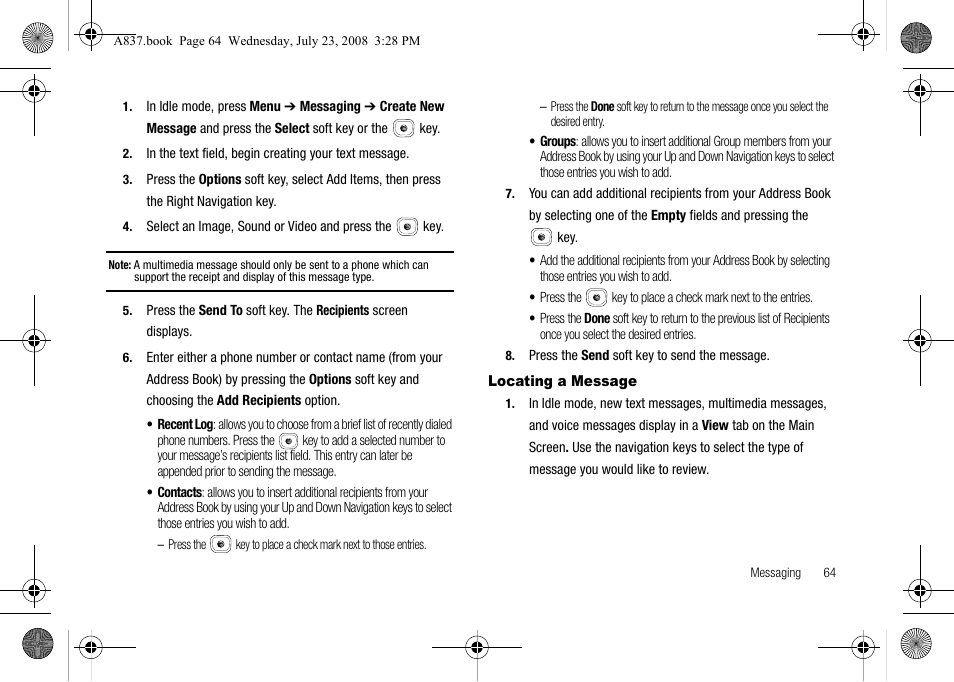 Locating a message | Samsung SGH-A837 User Manual | Page 67 / 187