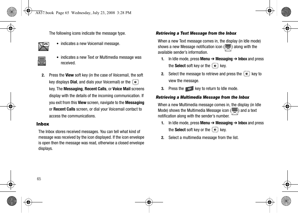 Inbox | Samsung SGH-A837 User Manual | Page 68 / 187