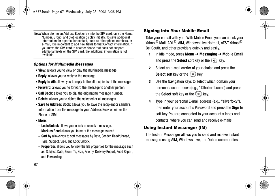 Signing into your mobile email, Using instant messenger (im) | Samsung SGH-A837 User Manual | Page 70 / 187