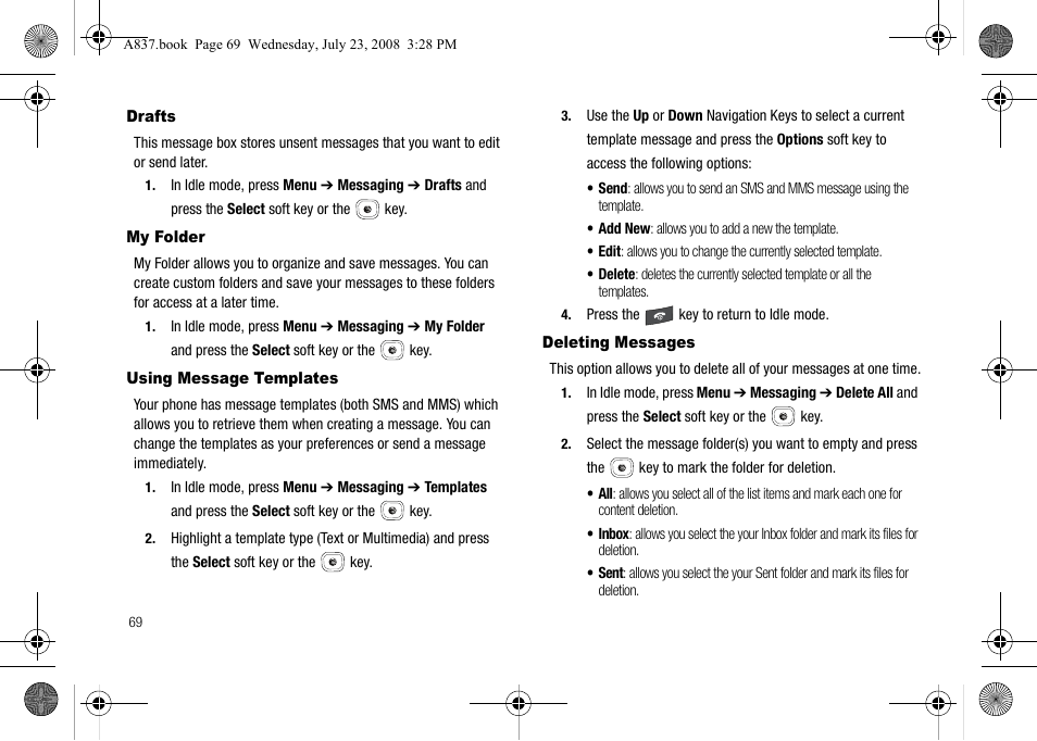 Drafts, My folder, Using message templates | Deleting messages | Samsung SGH-A837 User Manual | Page 72 / 187