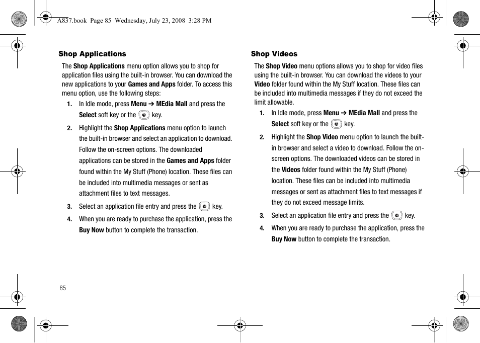 Shop applications, Shop videos, Shop applications shop videos | Samsung SGH-A837 User Manual | Page 88 / 187
