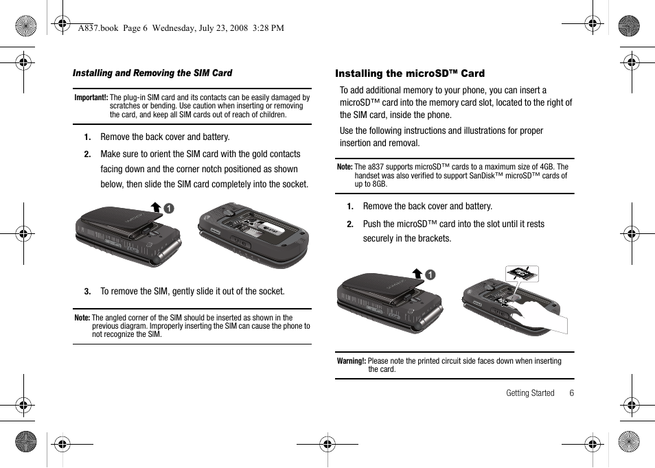 Installing the microsd™ card | Samsung SGH-A837 User Manual | Page 9 / 187