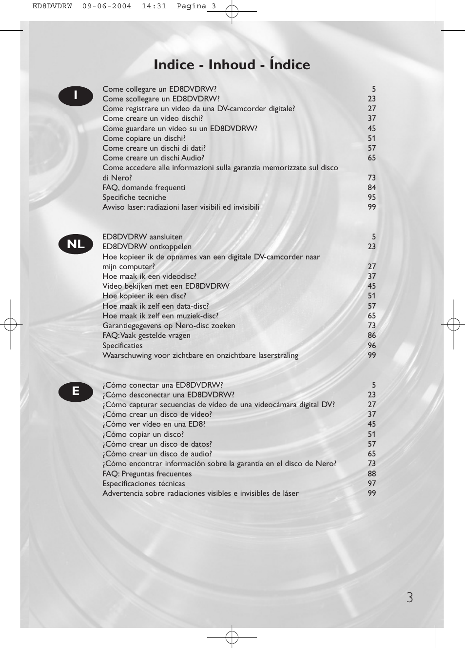 Indice - inhoud - índice, Inl e | Philips Graveur portable User Manual | Page 3 / 100