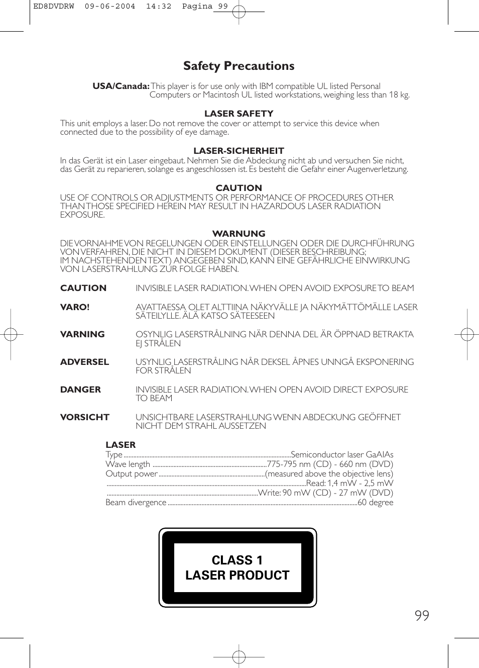Safety precautions, Class 1 laser product | Philips Graveur portable User Manual | Page 99 / 100
