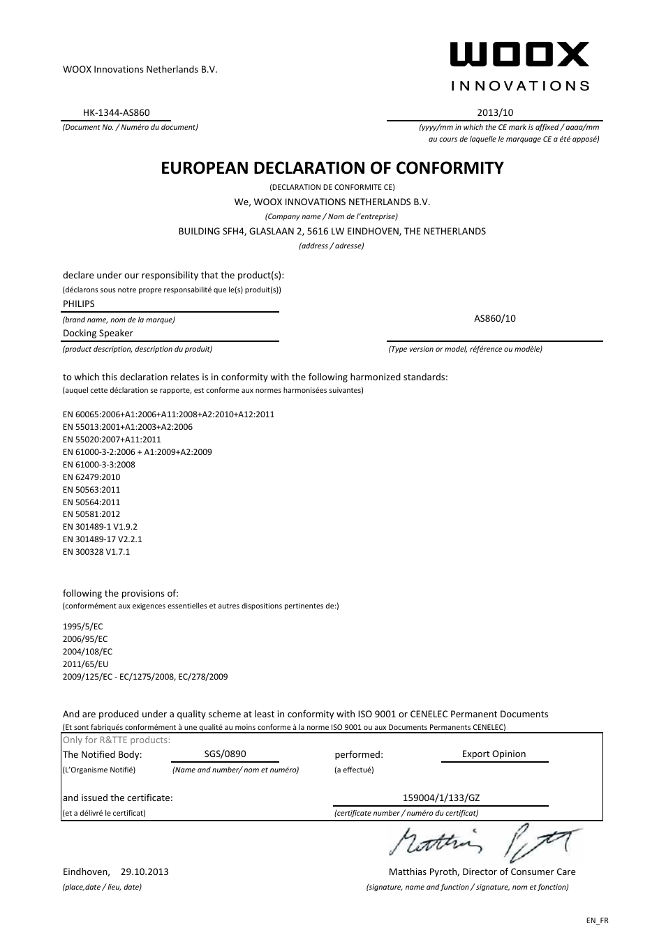 European declaration of conformity | Philips station d'accueil sans fil User Manual | Page 2 / 21