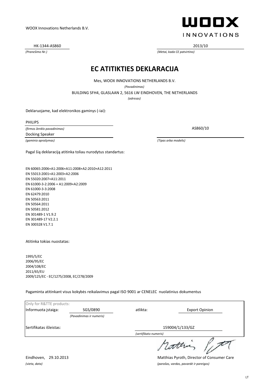 Ec atitikties deklaracija | Philips station d'accueil sans fil User Manual | Page 20 / 21