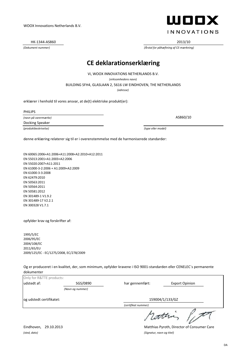 Ce deklarationserklæring | Philips station d'accueil sans fil User Manual | Page 5 / 21