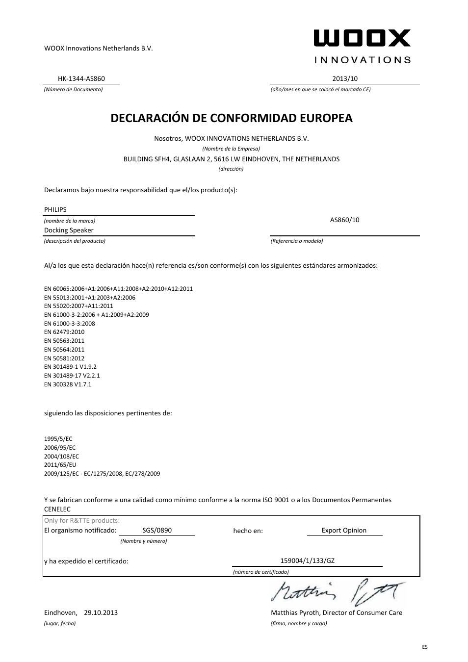 Declaración de conformidad europea | Philips station d'accueil sans fil User Manual | Page 7 / 21