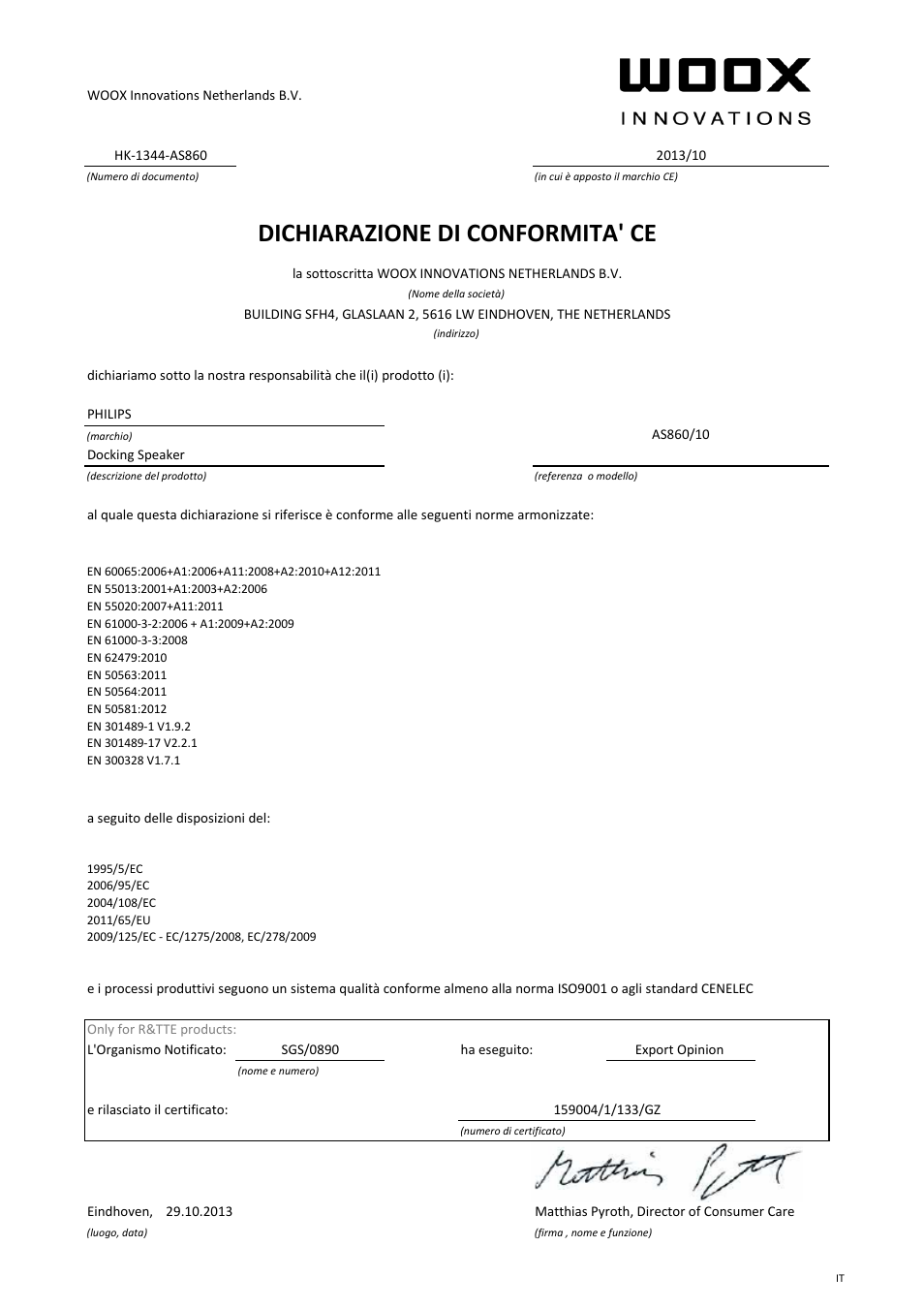 Dichiarazione di conformita' ce | Philips station d'accueil sans fil User Manual | Page 9 / 21