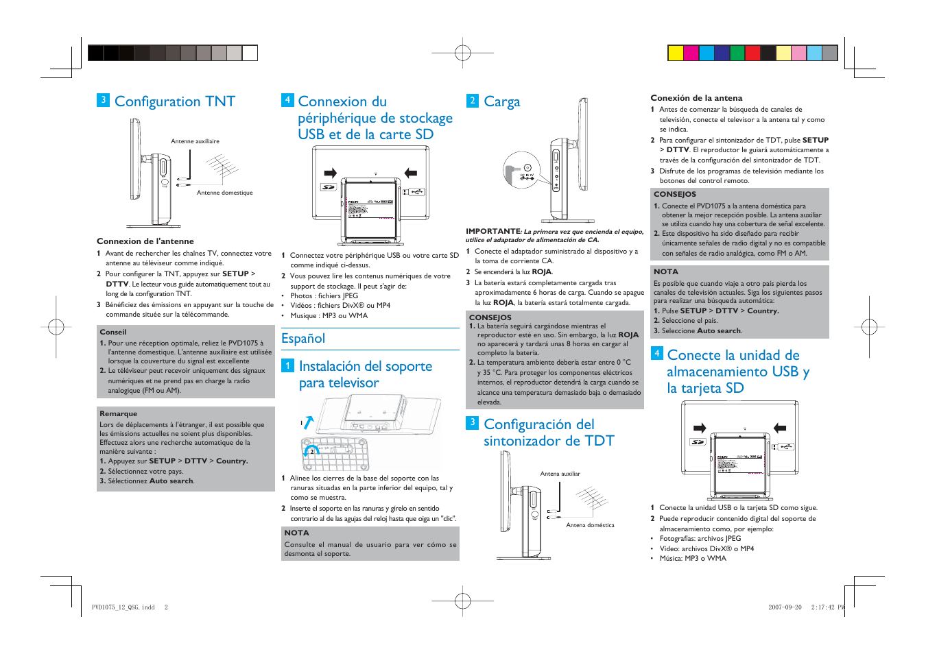 Instalación del soporte para televisor, Carga, Confi guración del sintonizador de tdt | Español | Philips Téléviseur portable User Manual | Page 2 / 2