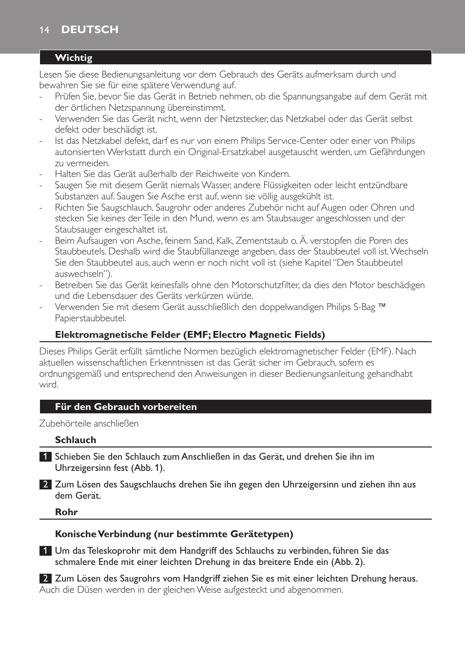 Deutsch, Wichtig, Für den gebrauch vorbereiten | Schlauch, Rohr, Konische verbindung (nur bestimmte gerätetypen), Federtasten-verbindung (nur bestimmte gerätetypen) | Philips Aspirateur avec sac User Manual | Page 14 / 68