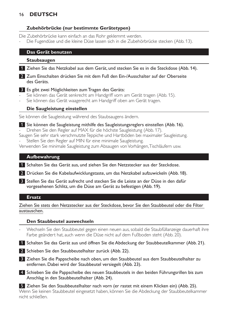 Das gerät benutzen, Staubsaugen, Die saugleistung einstellen | Aufbewahrung, Ersatz, Den staubbeutel auswechseln, Die filter auswechseln, Motorschutzfilter | Philips Aspirateur avec sac User Manual | Page 16 / 68