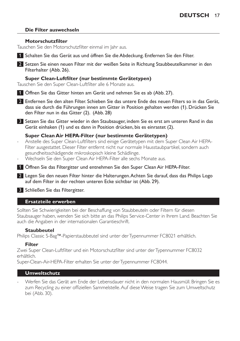 Super clean-luftfilter (nur bestimmte gerätetypen), Staubbeutel, Filter | Ersatzteile erwerben, Umweltschutz, Garantie und kundendienst, Fehlerbehebung | Philips Aspirateur avec sac User Manual | Page 17 / 68