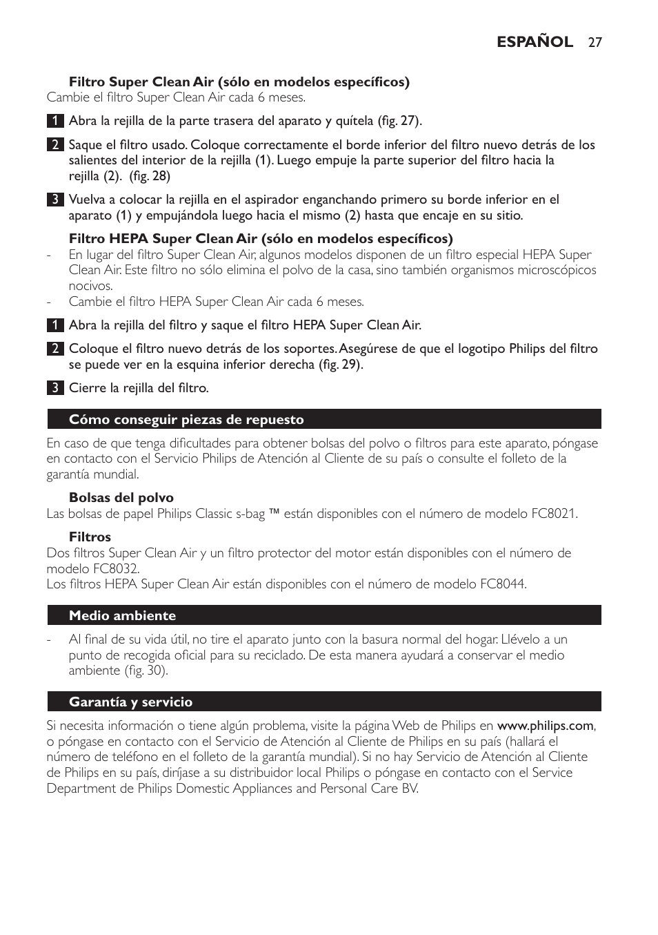 Bolsas del polvo, Filtros, Cómo conseguir piezas de repuesto | Medio ambiente, Garantía y servicio, Guía de resolución de problemas | Philips Aspirateur avec sac User Manual | Page 27 / 68