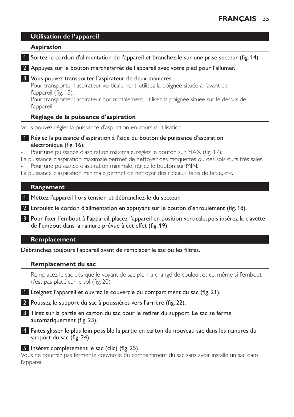 Réglage de la puissance d’aspiration, Rangement, Remplacement | Remplacement du sac, Remplacement des filtres, Filtre de protection du moteur | Philips Aspirateur avec sac User Manual | Page 35 / 68