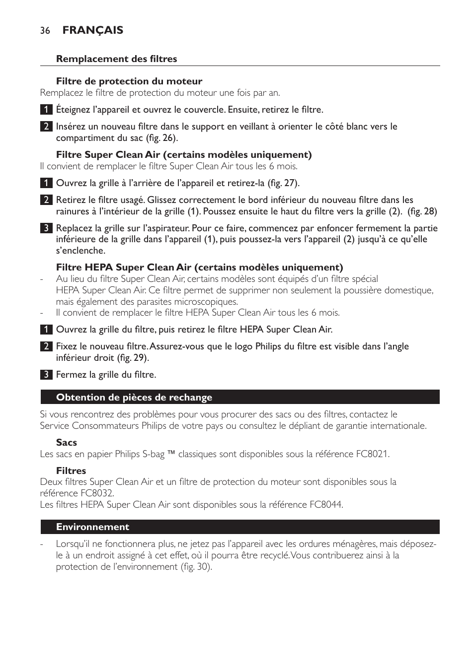 Sacs, Filtres, Obtention de pièces de rechange | Environnement, Garantie et service, Dépannage | Philips Aspirateur avec sac User Manual | Page 36 / 68